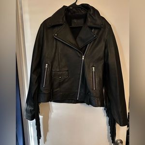 Black Leather Motorcycle Fringe Jacket L